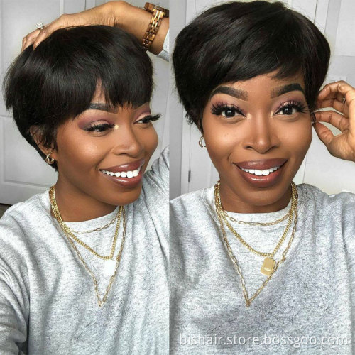 Wholesale Short Straight Wig With Bangs Pixie Cut Wig For Women Machine Made Cheap Brazilian Human hair glueless Wig Remy